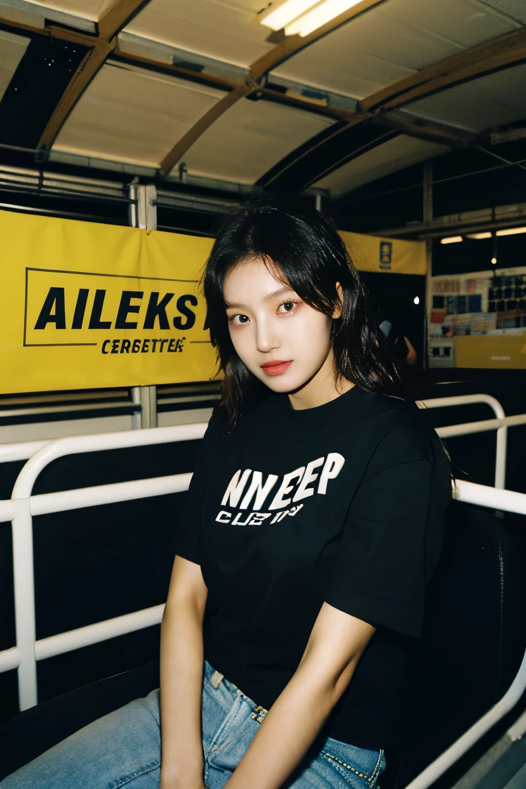 full body girl, arafed woman in a black shirt sitting, background at plane museum, outlive streetwear collection, black t-shirt, trending on r/streetwear, official product photo, she is wearing streetwear, mid shot portrait, gemma chen, short sleeves, official product image, black shirt, taken in 2 0 2 0, ad image, closeup portrait shot, ji-min, random pose for model streetwearing, showing off the t-shirt design on his chest ,look at viewer, masculine pose, male model style