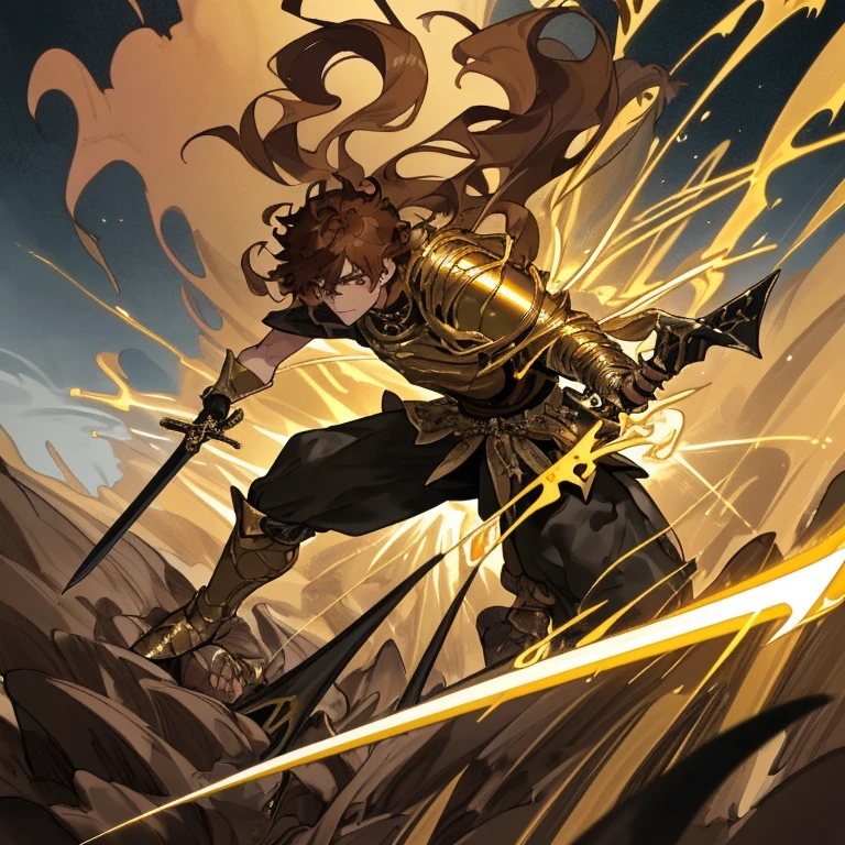 A good-looking guy.,proportional figure,ทรงผม low fade + fringe,golden brown hair,Wearing a beautiful black and gold heavy island.,holding a magic sword,Launching an attack.,Fighting with a demon knight,In an open field with hills,Fantasy effect,Highly detailed images