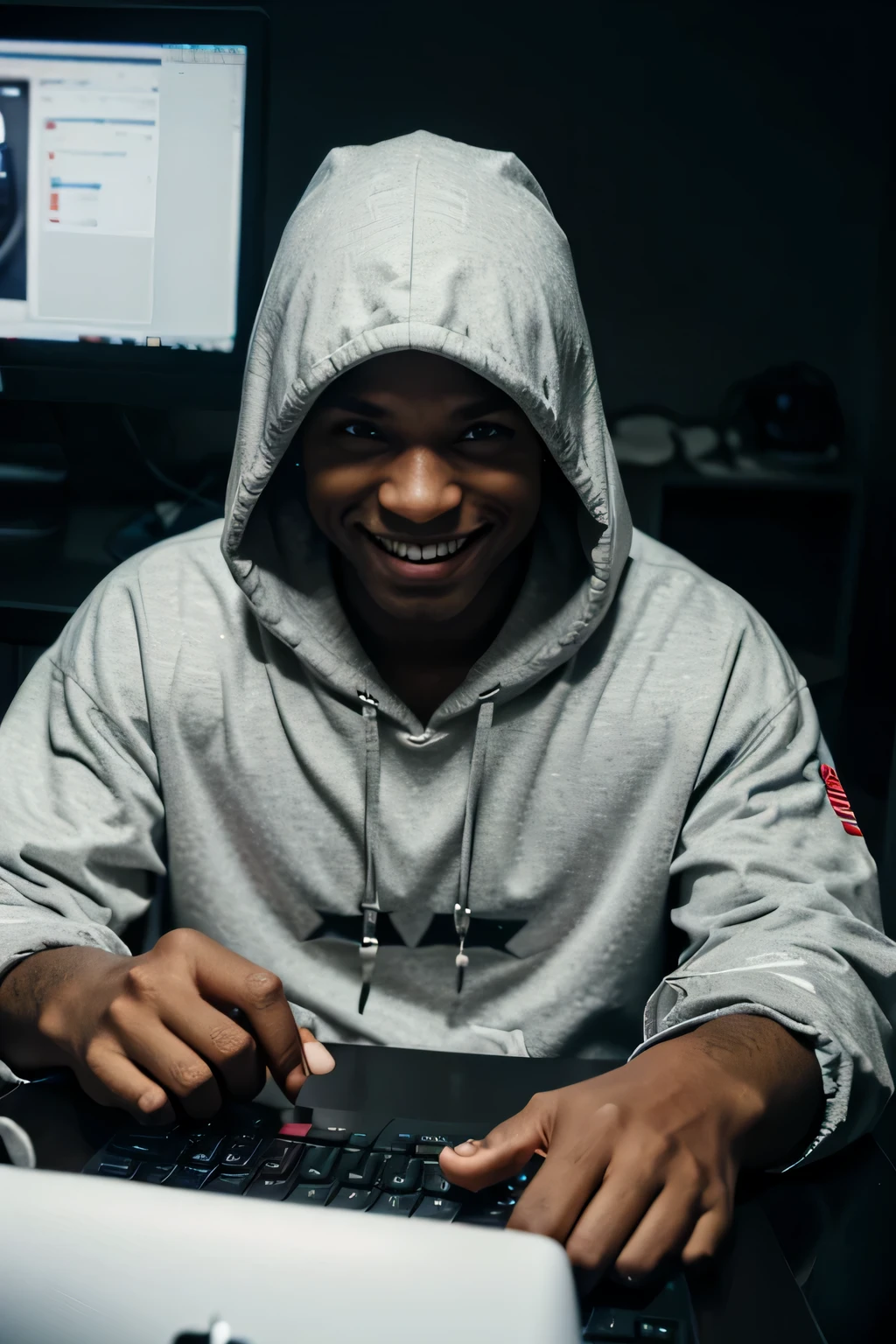 A Male,Scammer, wearing a whoody with the hood on the heard, evil smile, looking at the computer screen , typing on the keyboard in front of him, in a dark room, no light,