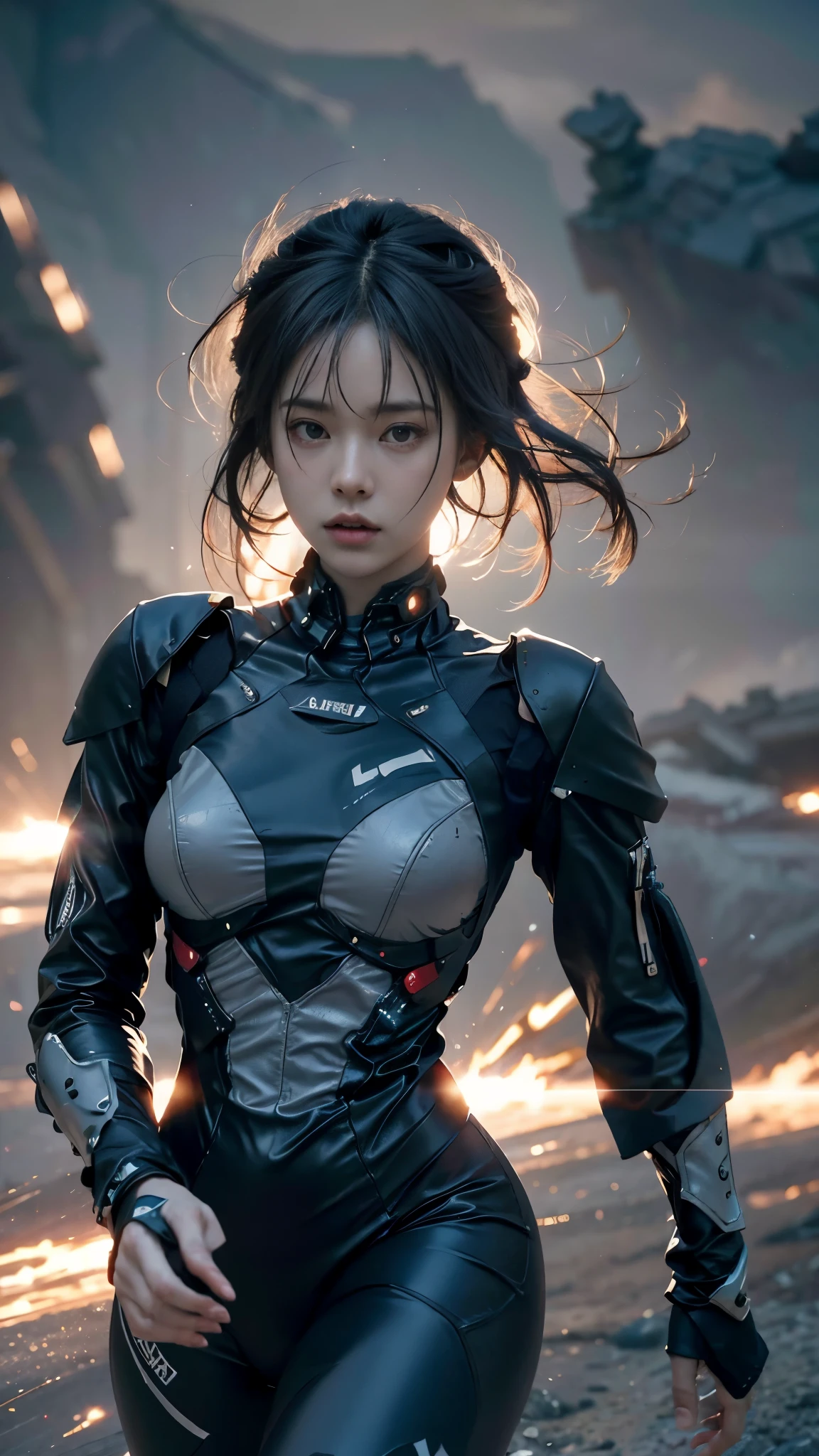 closeup photo of a 25-year-old female intergalactic space punk (running towards the camera:1.2) with a cataclysmic explosion behind her, highly detailed face, hyper-realistic, photorealism, atmospheric haze, film grain, cinematic film still, shallow depth of field, highly detailed, high budget, moody, color graded cinematic, atmospheric lighting, subsurface scattering