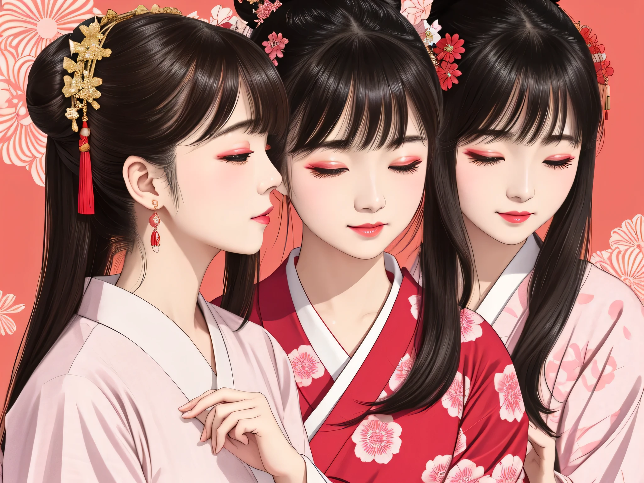 Each has a different expression２People and sisters、(２ girls）、｟Dancing traditional performing arts gracefully)、((Big Breasts、Small Face、Not exposed))、highest quality、masterpiece、（Black Hair、Bun Hair）、Brown Eyes、｟Wide angle、Angle from above, from the waist up、Pause on the magazine cover、Each person has a different perspective when looking into the distance｠、(８K high quality、masterpiece、High resolution、Realistic and beautiful light and shadow、(highest quality)、(High Resolution)、(Very delicate and beautiful)、(Beautiful 8k face)、(Smiling and closing your eyes、Beautiful eyes)、(Clear skin)、(Soft hair)、(８Head to Body)、(A Japanese style yukata kimono with red, pink and orange floral patterns on a white background, interspersed with gold powder、wearing a yukata２Japanese beautiful girl)、((Tanabata decoration background))、((Small Face))、(arms up)、Thin and small nose、（Red lipstick）、（Make your cheeks red）、（Glossy skin）、((Ink painting style))、Very thin eyebrows、Overall ultra-high image quality、（She is wearing maiko-style makeup.）、Whitening、Long and beautiful eyelashes、Glowing Skin、（Red cheeks）,Straight nose、masterpiece、highest quality、whole body、 Eyebrows visible through hair、Bun Hair、Grin、Gal、Kogal、Viewer&#39;s Eyes、Plaid、Stylish、woman、fine、Pause、
Waiting to start 
