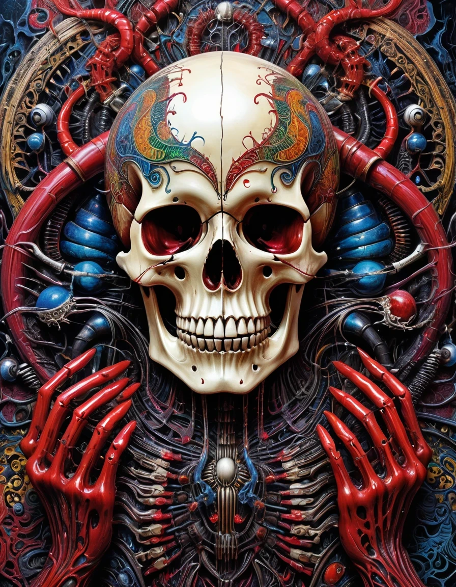 (masterpiece, best quality: 1.2), Ultra Detailed, Highest detail, (body horror: 1.4), (biology machine: 1.3), (bloody: 1.2), biology, (rich and colorful: 1.2), Hans Giger, Many hands, (Zentangle: 1.2), Skull crusher,
