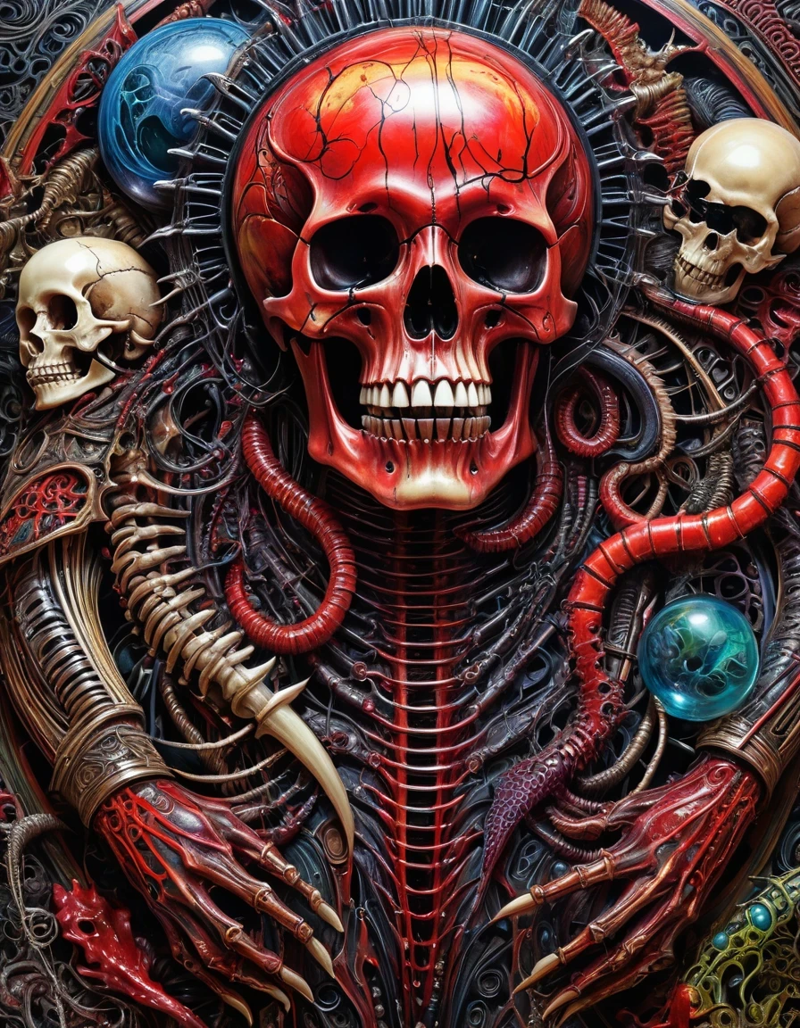 (masterpiece, best quality: 1.2), Ultra Detailed, Highest detail, (body horror: 1.4), (biology machine: 1.3), (bloody: 1.2), biology, (rich and colorful: 1.2), Hans Giger, Many hands, (Zentangle: 1.2), Skull crusher,