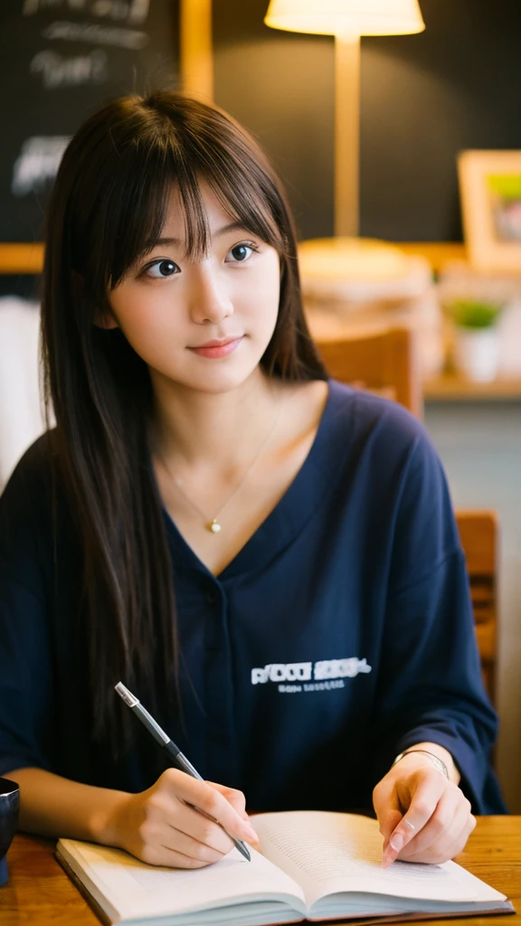 Cute Japanese girl studying or working at a desk、relax、night、Genuine、LO-FI、Lo-fi photography、