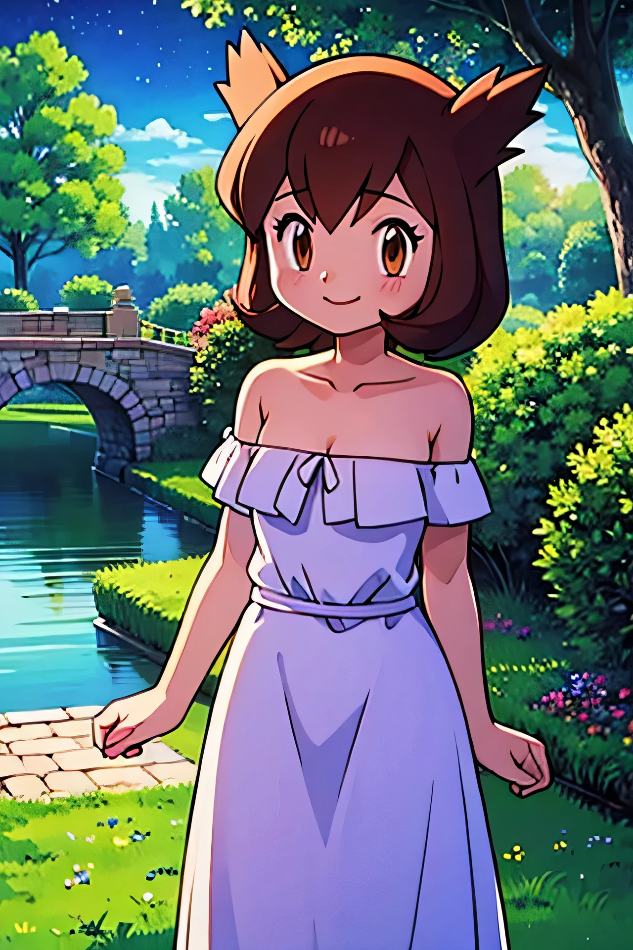 masterpiece, best quality, ultra-detailed, illustration, beautiful detailed eyes, very detailed illustration, cinematic lighting, 1 girl, solo, Pokemon Heroes (Bianca), Brown Hair, brown eyes, bare shoulders, strapless, off shoulders, white ruffle off the shoulder maxi dress, intricate details, sharp focus, high resolution, the background of beautiful garden with a forest, rose bushes, on a beautiful night, crescent moon, smile, standing near a lake, both hands at sides, anime style, ultra-detailed, hdr, far at the bottom, in the center, Close up