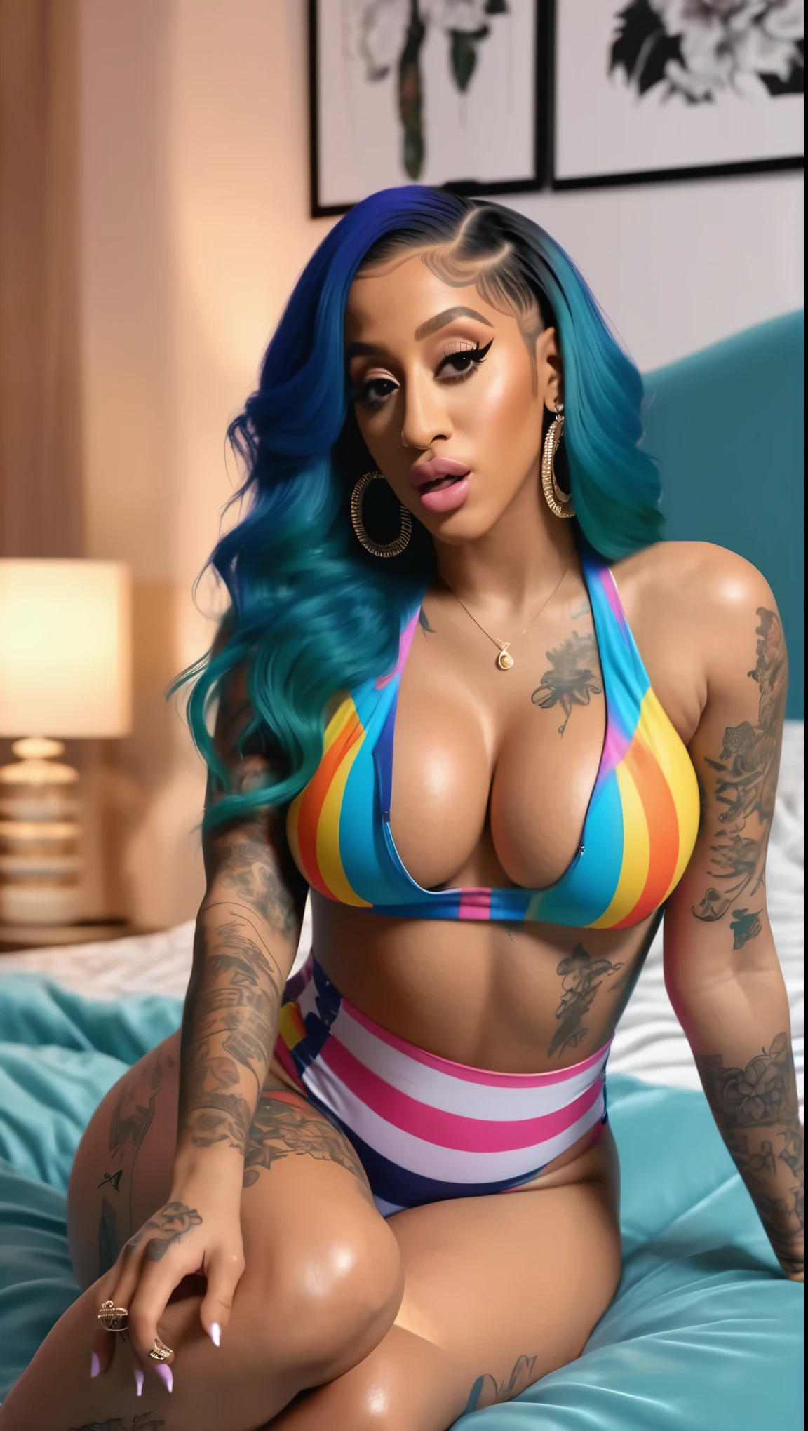 Generated photorealistic art images fantastic art of Cardi B looking very hot and beautiful, cardi b with nice and smooth body, beautiful naked doggstyle position give blowjob on the bed for her leg with tattoos, fit body with biggummy booty and ass, a babe cheating cardi give the best blowjob. High quality images, 4k, high detail.
