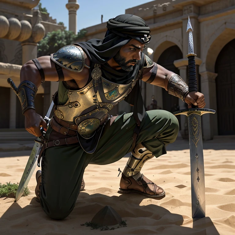 Arab warrior with one knee on the ground, face turned down, planting his sword into the earth [The scene features an Arab warrior in a powerful and contemplative pose. He is kneeling on one knee with his face turned down to the ground, his gaze introspective. As he plants his sword firmly into the earth, the intricate details of the weapon's hilt and blade glint in the sunlight. The warrior's muscular arms and broad shoulders are tense, showcasing his strength and determination. The background is out of focus, allowing the focus to remain on the warrior and his sword, creating a striking and dynamic image.]

(realista:1.4), (sword:1.5