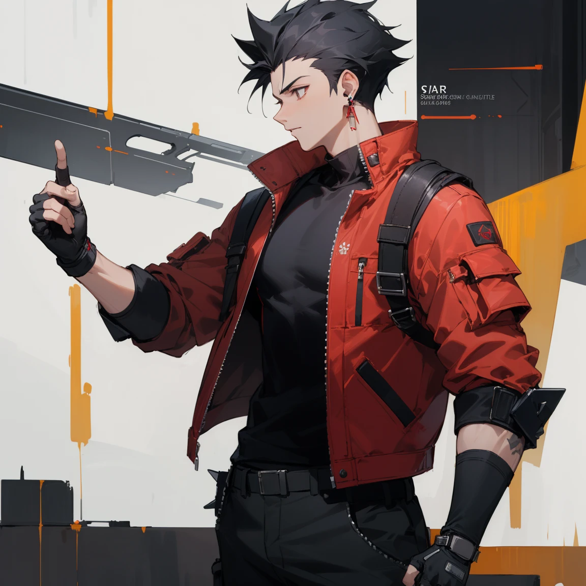 ((highest quality)), ((masterpiece)), (be familiar with), 1 male, alone, Black Hair,Spiky Hair,cargo pants,Red jacket,Black Shirt,Large,Fingerless Gloves, cyber punk,SF,Pistol,Earrings