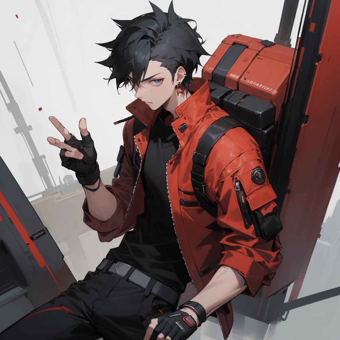 ((highest quality)), ((masterpiece)), (be familiar with), 1 male, alone, Black Hair,Spiky Hair,cargo pants,Red jacket,Black Shirt,Large,Fingerless Gloves, cyber punk,SF,Pistol,Earrings