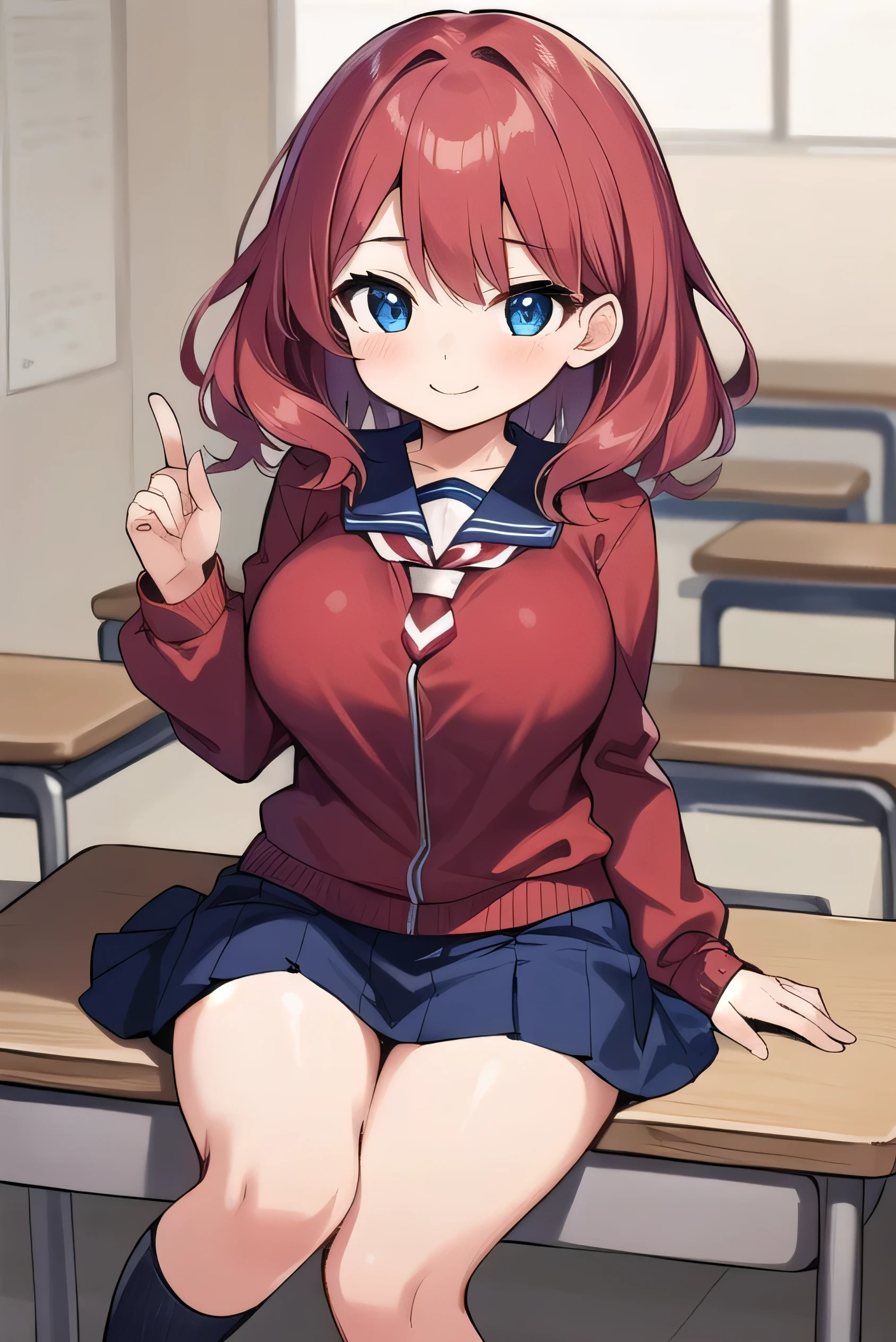 Big breasts, red hair, blue eyes, droopy eyes, red jacket, long sleeves, navy skirt, elementary school student, super big breasts, (medium hair: 1), baggy clothes, elementary school student, young face, short height, 10 years old, shy Agari, smiling a little, classroom, white shirt, soft hair,(topless :1.5), nipples are visible