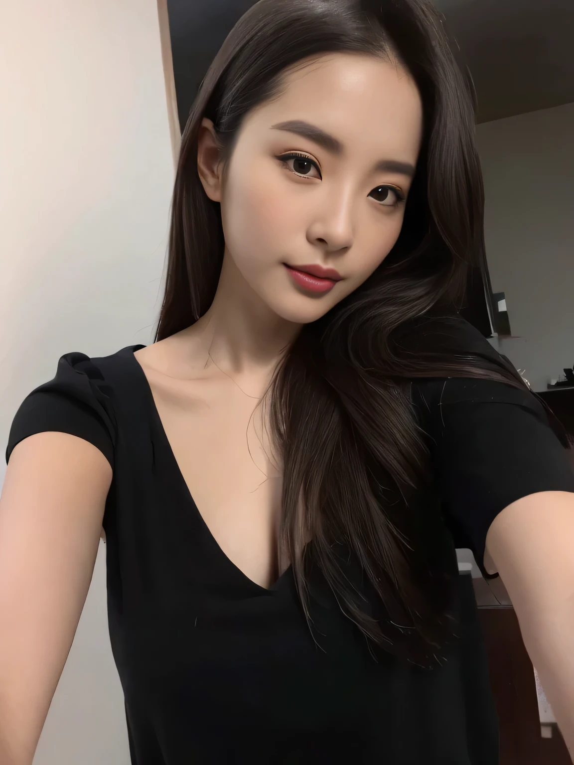 Selfie:1.4，Detailed skin textures:1.2，original photo，One has long black hair、Close up of mixed race asian woman, pure face，Medium breasts:1.3，Girl with character, 26 years old, Pale Asian mixed race beauty,1 26-year-old Taiwanese girl, korean girl, 26 years old, Asian beauty face aesthetic, 2 6-year-old woman, Living at home，Real and natural photos