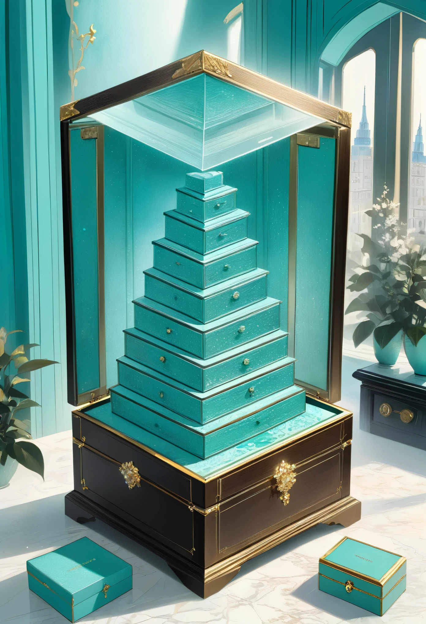 best quality, super fine, 16k, incredibly absurdres, extremely detailed, delicate, flashy and dynamic depiction, Inside a Tiffany blue jewelry box are letters with faded sealing stamps and lots of memories, background room in a Western-style building