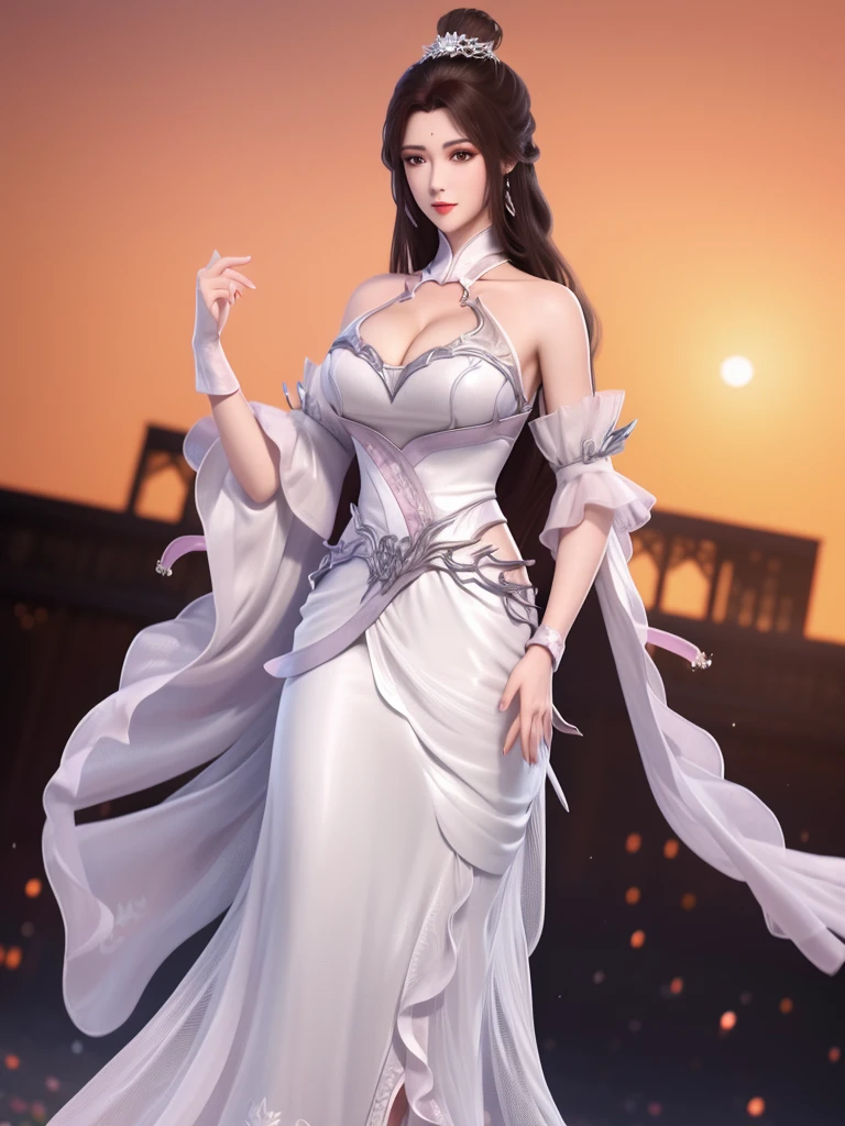 1 Girl, Mature female,Long skirt, city View, Looking at the audience, Separate sleeves, Hair accessories,forehead mark,Cowboy shooting,high ponytail, Metal trim,OK,transparent,Cleavage！Cleavage