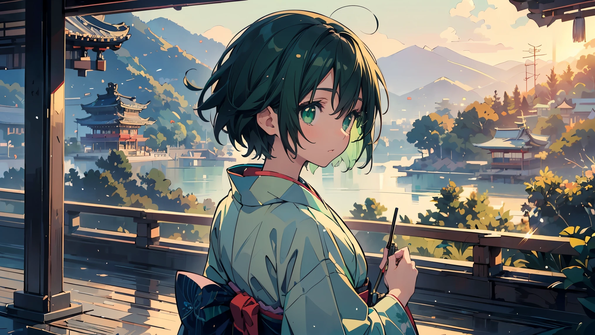 (masterpiece:1.2), (highest quality:1.2), Ultra-high resolution, Super detailed, Perfect Eyes, Perfect Face, Perfect lighting,((Anime girl at Kiyomizu-dera temple)), ((looking away:1.4)), Surreal girl, (one person,Lolita,boyish, , :1.3),Full Finger,, Androgynous charm, (Very short hair), Black Hair, Messy Hair, small and soft breasts,Slender body, Small Ass, Small green eyes,Detailed and beautiful eyes, Well-proportioned iris and pupil, Expressive eyes, Beautifully detailed lips, High resolution detailed hair, ((light green kimono:1.4)),(Red butterfly embroidery),(Gorgeous kimono), Ultra-dense skin, ((noon)), Gweiz-style artwork, Makoto Shinkai's art style, lofi portrait, Digital anime art, Makoto Shinkai style, LOFI Girl, Anime-style illustrations, lofi art style, Anime illustration