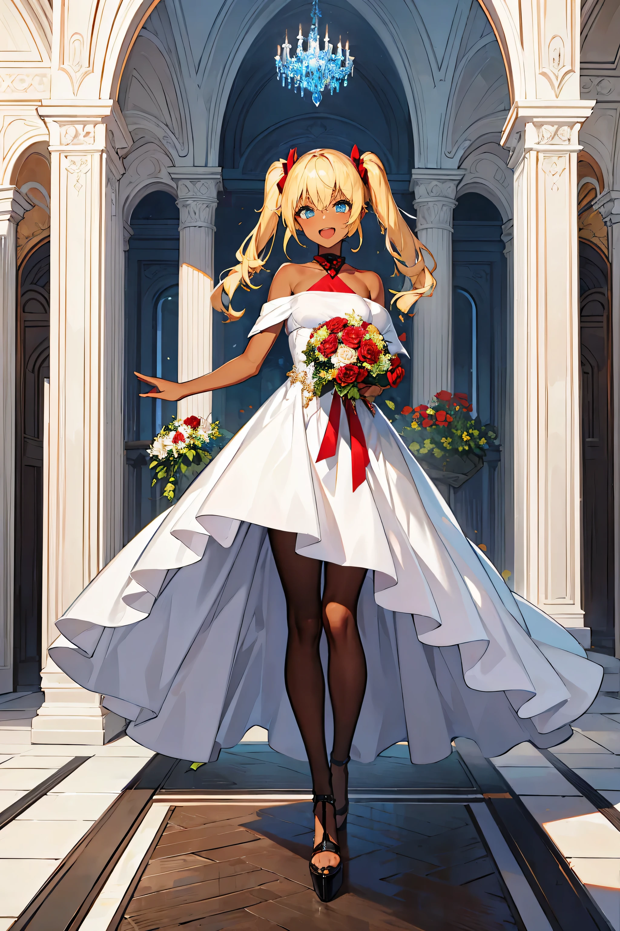 masterpiece, best quality, 1girl,full body,twin tail,bright Gold Hair,blue eyes,dark skin,looking at the viewer, ((holding a bouquet)),red rose bouquet,open mouth smile,I'm in a flower garden,white evening dress,Stand with your feet shoulder-width apart