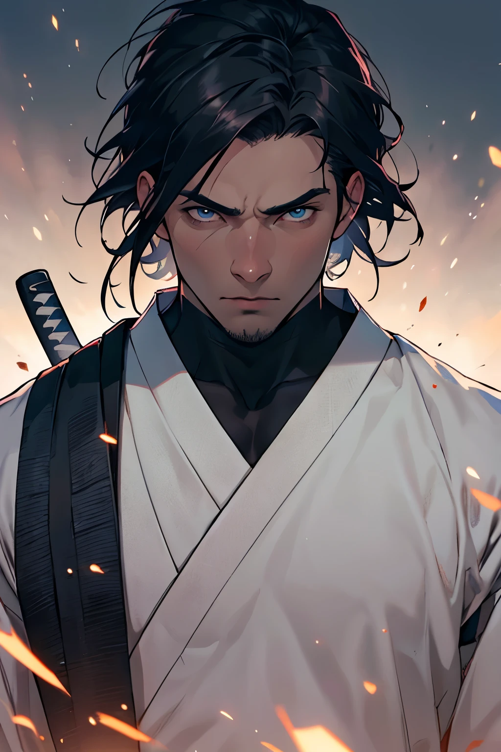 1 homem, Frio, neutro, estrito, Indifferent expression, Principe, cabelo cinza liso, cabelo longo, estrito, olhos Vermelhos, Samurai, Pale skin, cores opacas, roupas de Samurai, 20 anos, rosto adulto, sharp focus, maduro, Sozinho, masculine, primeiro plano desfocado, cinematic lighting. Segurando uma Katana Japonesa