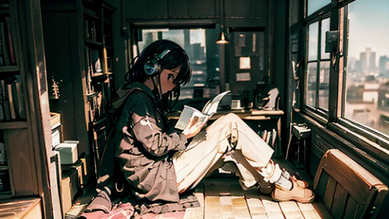 ((highest quality)), ((masterpiece)), (detailed), Perfect Face ,Anime girl sitting at a table with laptop and headphones, zero, Erogeo Art Style, Portrait of Roffey, Arte Roffie, Low-fi Sensation, zero, zero vibrations, Chill Hop, Lo-fi girl aesthetic, Lo-fi art, cores zero, Lo-fi illustration style, Hip Hop Lofi, Lo-fi aesthetic,(The whole room is visible:1.5),The audience is watching from the side,(Outside the window is the city at night:1.5),The light in the room is from a bulb,(There are many books on the desk:1.3),(I'm reading a book:1.4)