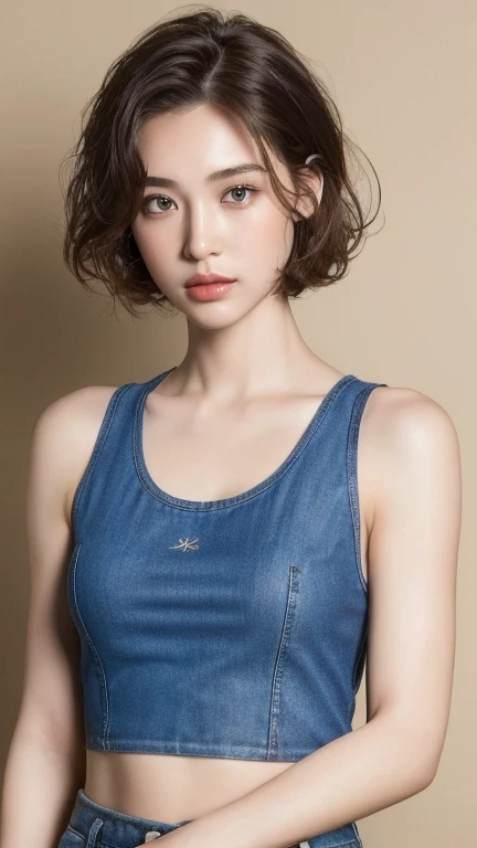 ((highest quality, 8k, masterpiece :1.3)), One girl, Beautiful woman with slim abdominal muscles :1.3, (Random Hairstyles :1.2), Tank top :1.2, Highly detailed face, Fine grain, double eyelid, Underarm,Full body photo,Bob hairstyle,Thin legs