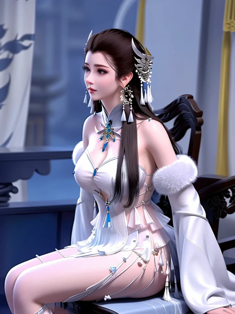 Long hair, skirt,silver earrings, Bare shoulders, jewelry, Separate sleeves, Chinese clothes, permanent,tassel,white tassel earrings, Boots, Fur trim,Blue necklace, city View, night,Looking at the audience, Mature female,Hair accessories, sitting,Chair,Natural posture, Cleavage,Cleavage