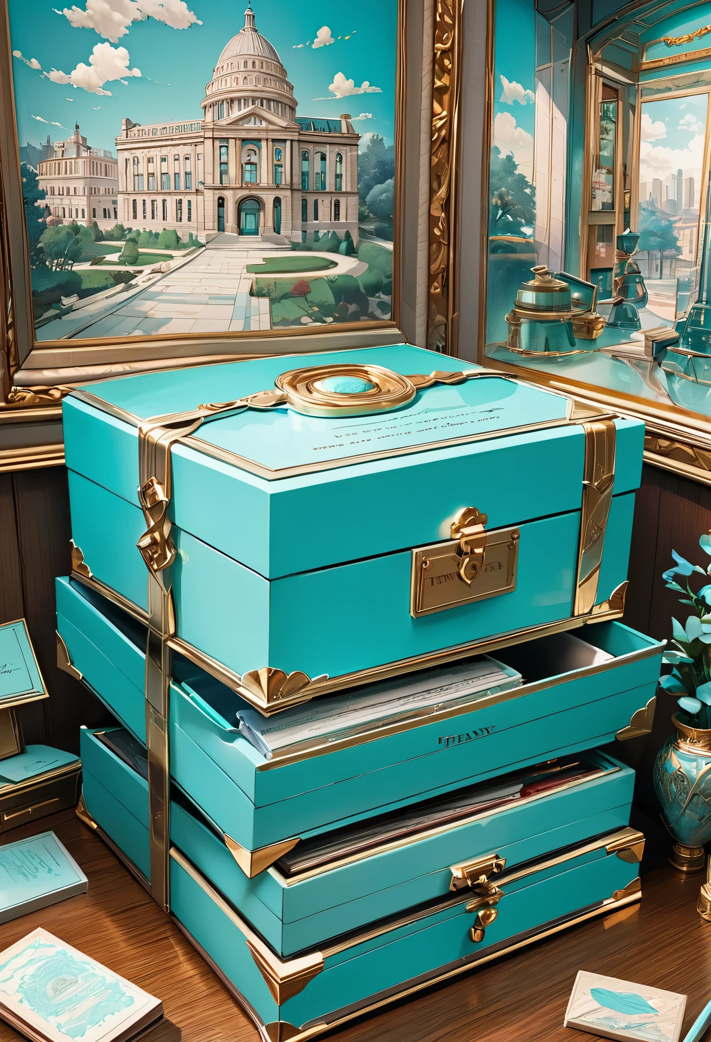 best quality, super fine, 16k, incredibly absurdres, extremely detailed, delicate, flashy and dynamic depiction, Inside a Tiffany blue jewelry box are letters with faded sealing stamps and lots of memories, background room in a Western-style building