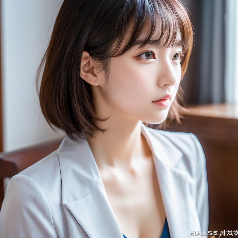 I'is working、sexy、Inconspicuous、quiet、beautiful girl、Japanese、Beautiful breasts、Short Bob、suit、Round face、rimless round glasses、job hunting、Big Breasts,Ultra-Realistic Capture, Very detailed, High resolution 16K human skin closeup. Skin texture must be natural, So detailed you can even see pores. Skin looks healthier, In a uniform tone. Use natural light and color,(RAW Photos, highest quality), highest quality, Very detailed, masterpiece, Very detailed、Open chest、Attractive breasts、Facing forward