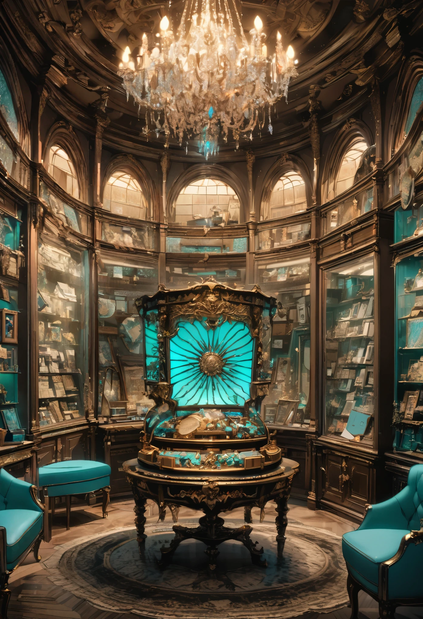 best quality, super fine, 16k, incredibly absurdres, extremely detailed, delicate, flashy and dynamic depiction, Inside a Tiffany blue jewelry box are letters with faded sealing stamps and lots of memories, background room in a Western-style building