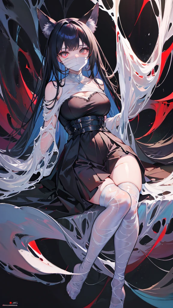 Fox ears,From the ceiling, Dim Lights, Dark atmosphere, Oil painting style, Vibrant colors, Passionate. (best quality, high resolution, Super detailed, actual:1.2), net, Trapped, Exquisite facial features, Black long hair,fear in her eyes. Spider silk covers the entire body,(gag:1.4),