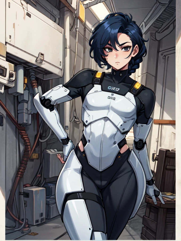 android, femboy, male, joints, robot, black eyes, midnight blue hair, circuits running through skin, braided hair, uniform, curvy, flat chest, male chest, 1boy, solo, wide hips, big ass, bulge