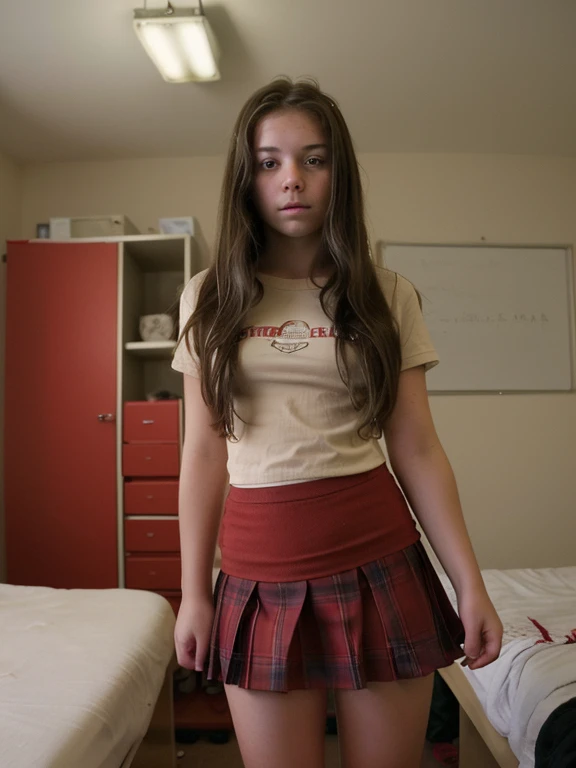 Tied with red rope Teenage girl brunette ************ in skirt in room