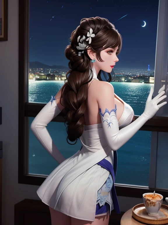 Hair accessories, skirt,Elbow gloves, Looking at the audience, earrings, city View, night, indoors, window, lake,table,permanent, Put your hands behind your back,,Cleavage,Cleavage