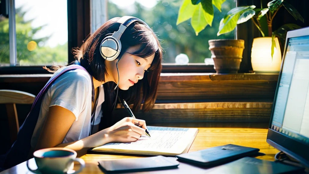 A cute Japanese girl studying or working at her desk、relax、night、Real、focusing、Gentle feeling、wearing headphones、Side view、LO-FI photos、窓の質はnightの街、2 a.m.、Straightening of the back、Looking down and writing notes、There is a kitten by the window、