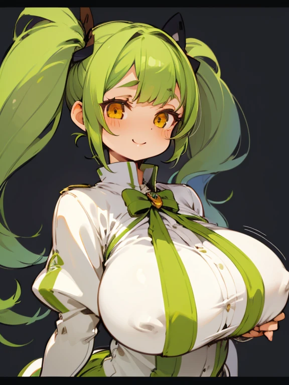 1girl, solo, , masterpiece, disproportionate breasts,chubby body ,gigantic breasts, sagging breasts, oppai, 13years, twintail hair, green hair, slanted eyes, orange eyes, gentle smile,