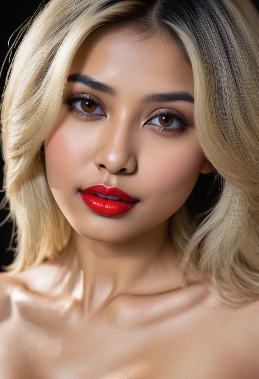 a closeup image of a girl, an asian indian babe aged 24, (( height: 171cm, symmetrical face, hentainal body and face, lust expression, headshot image, highly detailed face, ((cheekbones, jawlines,thin red lips)), blonde body, black hair, medium size hair, multicloured eyes, dry skin, fair skin, natural beauty, ((matured breasts)), lustrous expression, realistic close shot image, ultra high resolution image, attractive eyes, ((beautiful and lustful neck: attractive)), collarbone, naked shoulder and chest, anatomical body