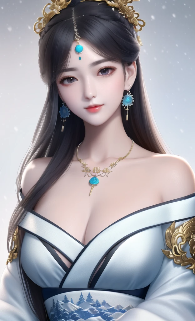 ((Extremely detailed CG)), ((8k_wallpaper)), (masterpiece),best quality, high resolution插图, Ultra Detailed, high resolution,((Overexposure)),
Bare shoulders,(Upper Body),Head tilt, Semen, seductive smile,
1 Girl,Long hair,fair_Face,Highly detailed and fair eyes,(an extremely delicate and fair),(Beautiful and detailed facial portrayal),Chinese antique clothing,White and blue robe,earrings,necklace,
Winter snow,