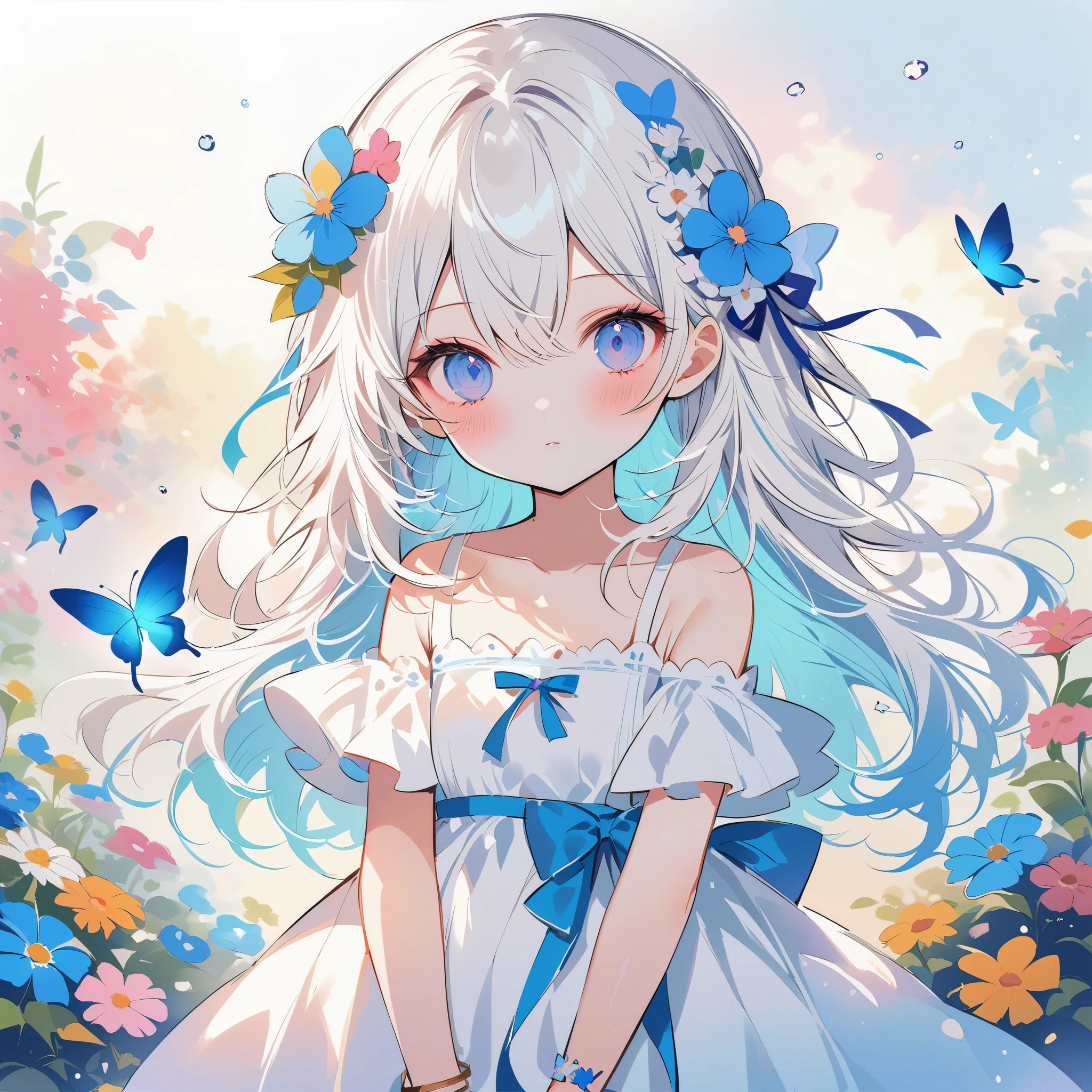 masterpiece,best quality,high quality,(colorful),Artist onineko,1girl,li,flower,solo,hair ornament,dress,bug,butterfly,blue eyes,hair flower,long hair,holding,looking at viewer,blue flower,white dress,blue butterfly,bare shoulders,food,fruit,hair between eyes,strapless dress,strapless,jewelry,collarbone,white hair,blush,ribbon,standing,plant,closed mouth,bracelet,water drop,blue ribbon,leaf,