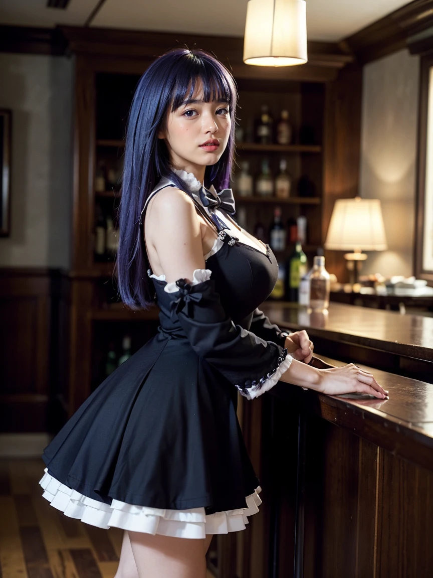 (1 lady), The beautiful, (Best quality at best:1.4), (ultra - detailed), (extremely detailed CG unified 16k), blue hair, very detailed, High-definition RAW color photo, professional photoshooting, amazing face and eyes, cosmetics, (amazingly beautiful girl), ((frederica bernkastel, big woman, taller, perfect body)), ((dress, tail bow, purple hair, bowtie, cat tail, socks)), standing, sexyposture，(Dark and stylish bar, drinks, lamp lights, lamp lights:1.3), (look from down), realistic cinematic face, realistic purple eyes, solid pupils, head to feet long wide zoomed out view, full body long view , photorealistic, ((realistic deep blue hair style, honey eyes)), gorgeous, extremely beautiful face, perfect model beauty, pout mouth, flirting smile, cleavages, (masterpiece), best quality, high resolution, extremely detailed, blurred background, depth of field, cinematic lighting, amazing legs, high heels, clear and well-cared skin