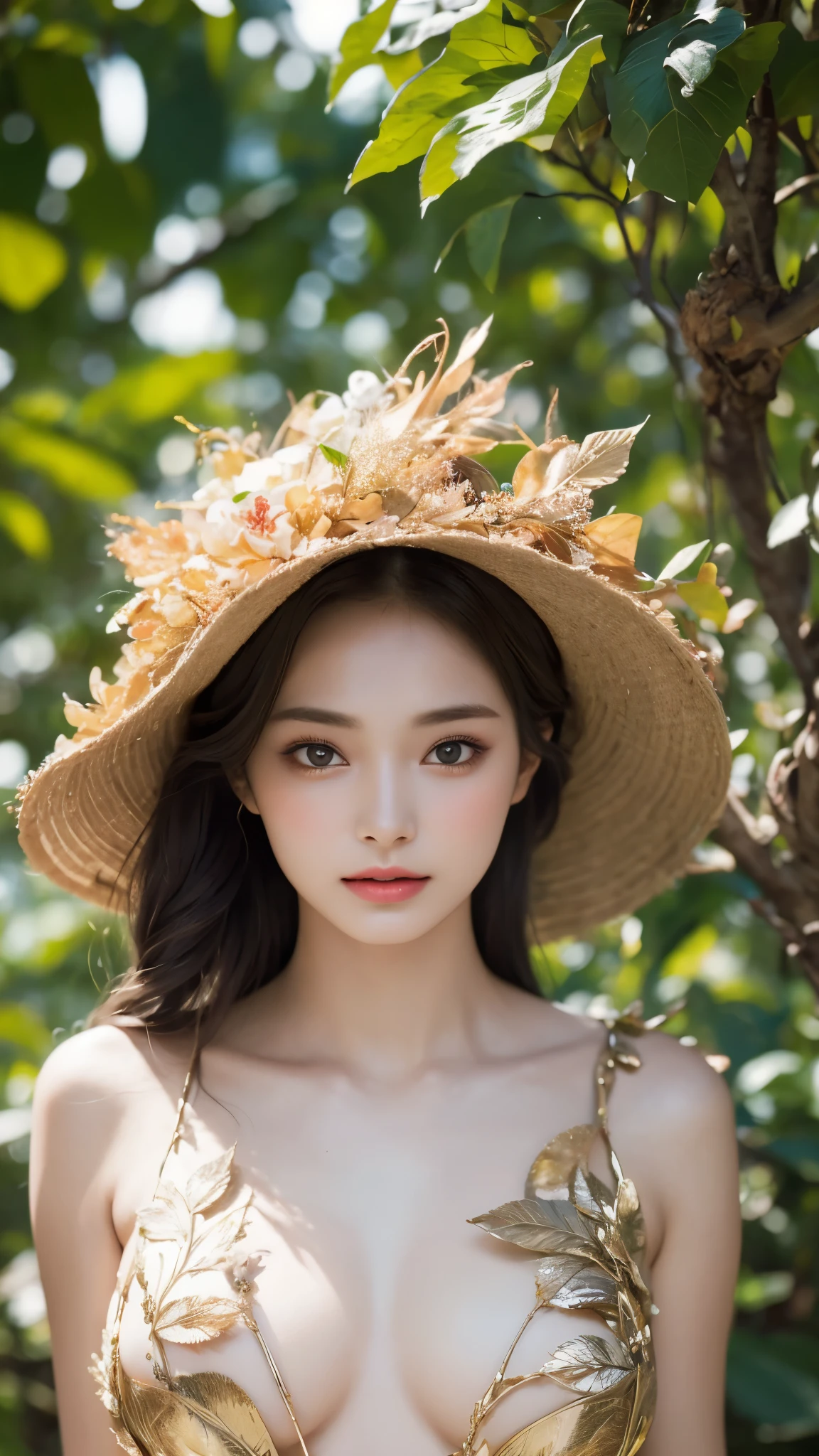 A stunning masterpiece, realistic and top quality depiction of a beautiful girl with shiny, natural skin. This surreal portrait captures the essence of youth and beauty with intricate detail. Sexy outfit made from leaves, sexy posture. Beach landscape.