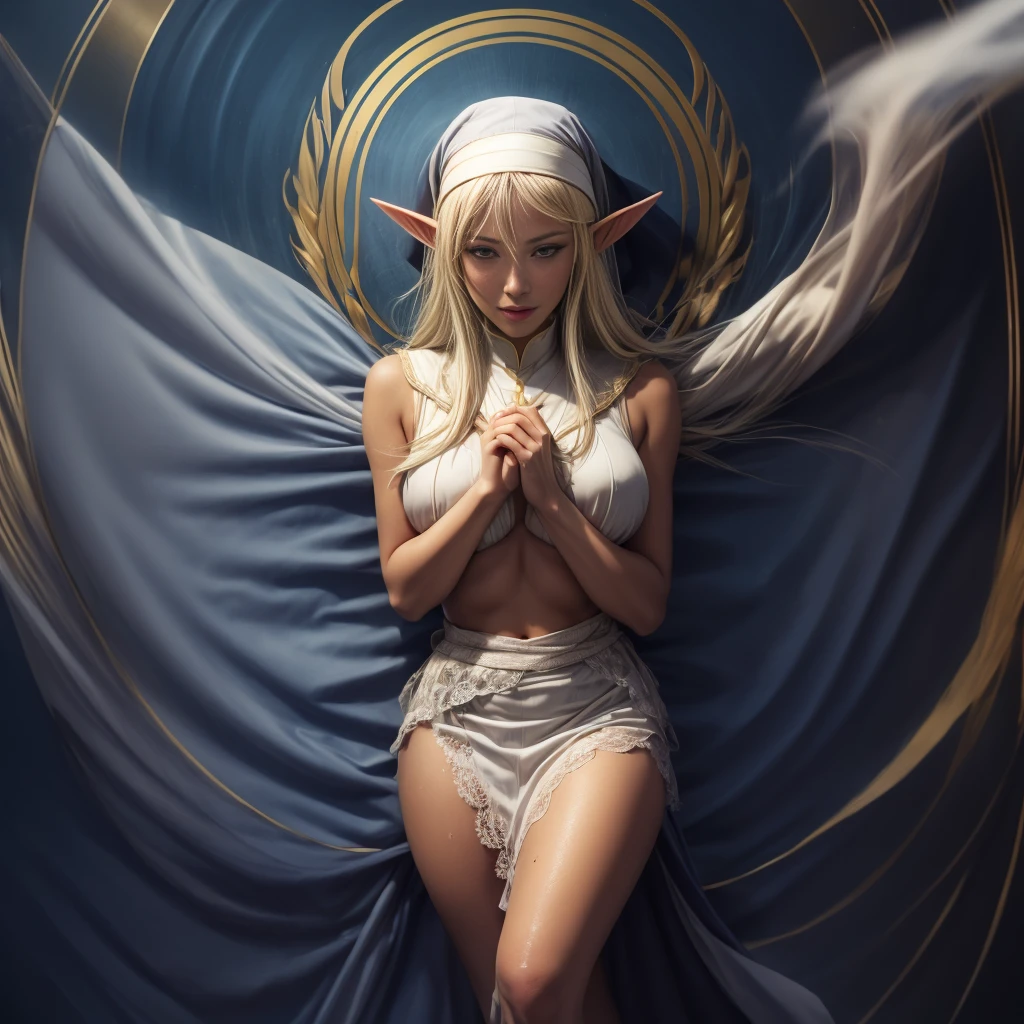 (Female angel) "four wings," fully body, (yellow eyes), (big white hair), best qualityer, 4K, (elf ear) looking at side, (breasts big), (big-ass),  ((fully body))