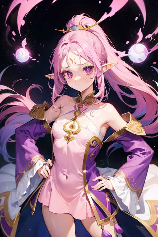 A proud female cosmic druid，little girl，Solo Dance，（pink violet hair），Long Ponytail，Medium Hair，forehead，Show forehead，Forehead tattoo，Messy hair，Big Hair，Purple Eyes，Eye bags，Protruding eyes，serious，neutral，Small chest，Short stature，Elf ears，((pink dress))，红色beauty裙子，Off-shoulder，Long sleeve，Wide sleeves，(Hands on Hips)，，beauty，Super quality，masterpiece，Best quality，8k，