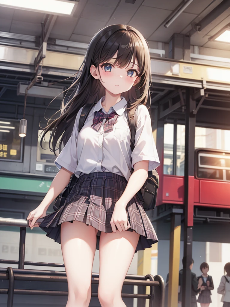 Tabletop, highest quality, High resolution, Very detailed, Detailed Background, Cinema Lighting, One Girl, View your viewers, Wear a plaid shirt, Midi Skirt, Pleated skirt, Are standing, whole body, Carry a school bag backpack, (Randoseru Backpack:1.0), sunlight, Waiting train, station, Stand on the platform , Girls in the city