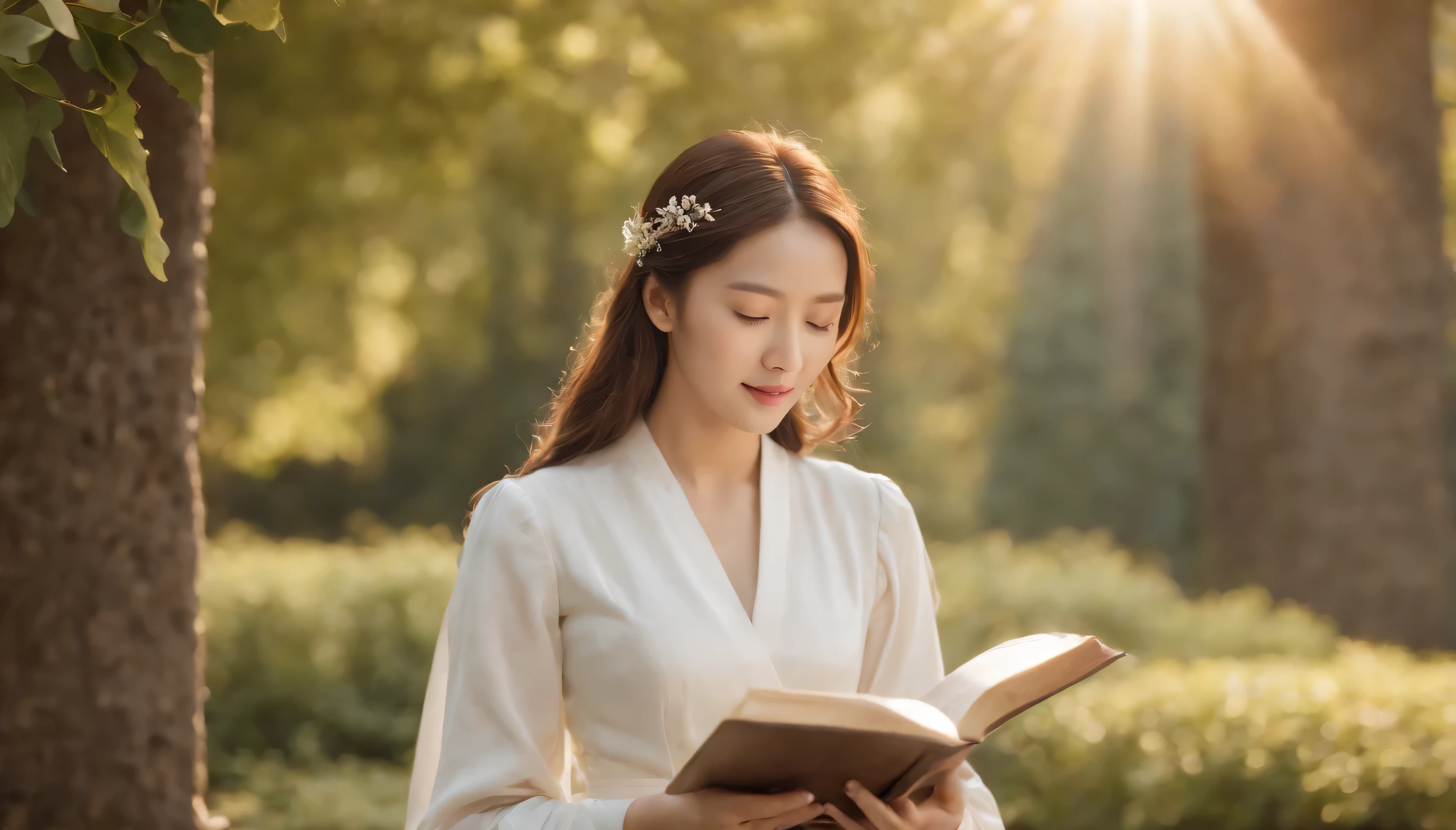 (mejor calidad,ultra detallado,realisitic:1.37),retrato de un,Hombres y mujeres coreanos leyendo la Biblia.,Oil painting,vestimenta de catedral, Vista de la catedral a lo lejos,Tranquil garden scene,Luz solar suave,calm expression,wisdom,Citas de la Biblia,colores vibrantes,pincelada delicada,texturas sutiles,lush vegetation,contemplative atmosphere,Beautiful picture book,Featured Features:Ojos enfocados,sonrisa gentil,postura elegante,Sunlight shining through the trees,rayos,entorno tranquilo,ambiente sereno,Un momento bendito