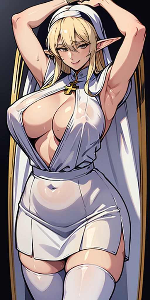 Standing, big breasts, plump, pretty face, thick body, blonde hair, hands covering eyes, seductive expression, showing a happy smile, showing armpits, masterpiece, super mass, 4k quality, high detail, elf mother, black nun turban, lace skirt, cleavage, white tights, sweaty, hands on the back of the head, lying on the ground, wet clothes, see-through, water vapor, elevation view, add_detail:1.5