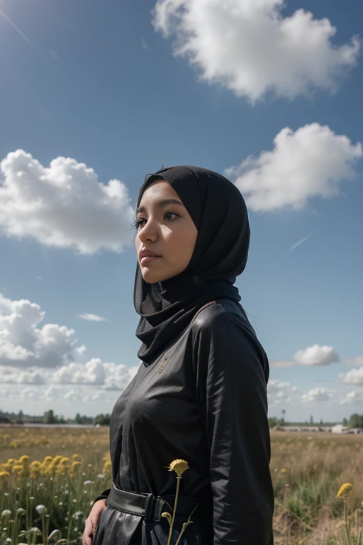 A hijabi muslim girl stare the sky full of clouds in the field of dandelions, anime style image