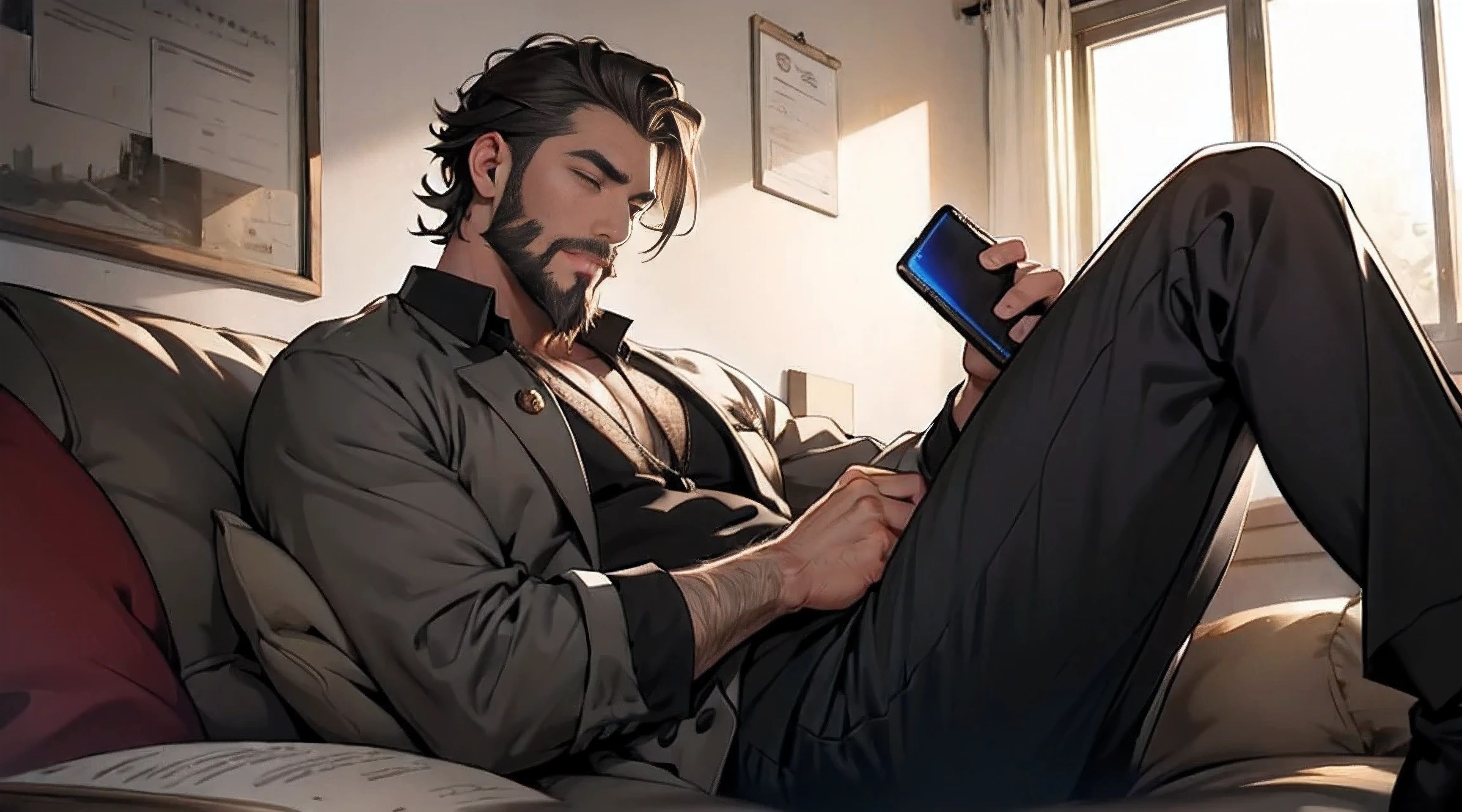 A handsome man with a beard listening to music、relax