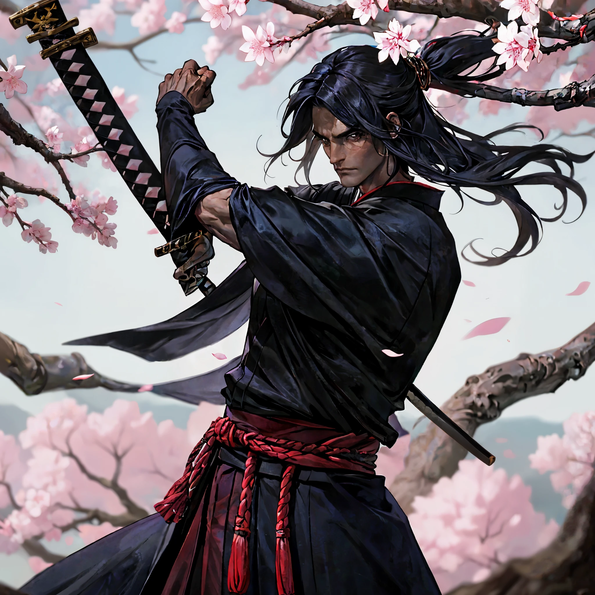 Um homem, espadachim, kimono preto, cabelos longos preto, segurando katana, poder das trevas, melhor qualidade, homem forte, serious face, serious look, katana escura, folhas de sakura, arvores de sakura, rosto jovem
