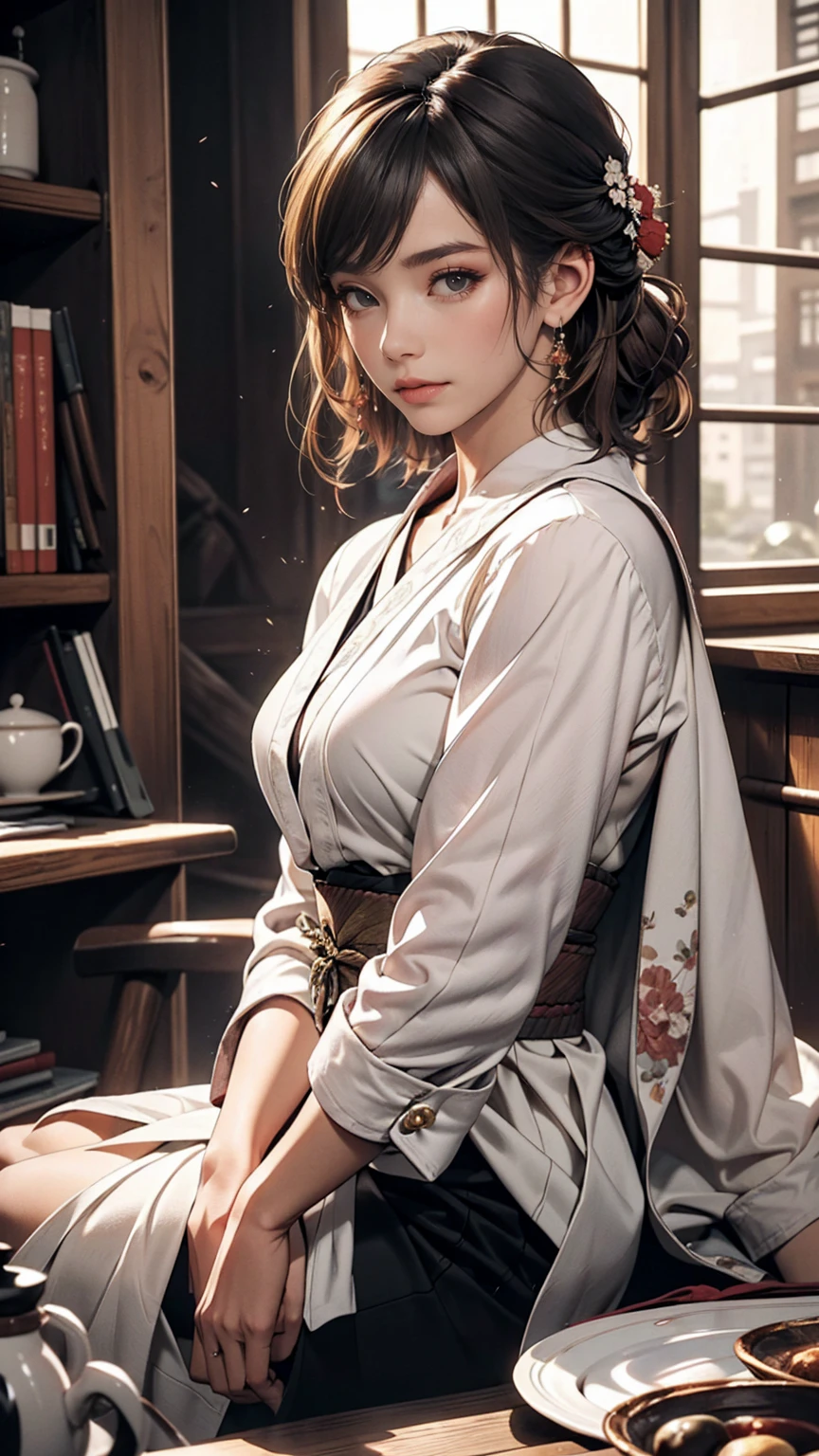((最high quality, 8K, masterpiece: 1.3, Ultra HD, high quality, 最high quality, High resolution, realism)) 、(High saturation:1.0), (Highly detailed skin), (最high quality:1.0), (超High resolution:1.0) ,(Realistic:1.0), (Very detailed:1.0), (8K, Raw photo:1.1), Murasaki Shikibu、Wear the Twelve-Piece、Never put your feet up、In a Shinden-zukuri building