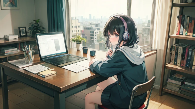 ((highest quality)), ((masterpiece)), (detailed), Perfect Face ,Anime girl sitting at a table with laptop and headphones,  zero, Erogeo Art Style, Portrait of Roffey, Arte Roffie, Low-fi Sensation, zero, zero vibrations, Chill Hop, Lo-fi girl aesthetic, Lo-fi art, cores zero, Lo-fi illustration style, Hip Hop Lofi, Lo-fi aesthetic,(The whole room is visible:1.5),The audience is watching from the side,(Outside the window is the city at night:1.5),The light in the room is from a bulb,horizontally long image,(There are many books on the desk:1.3),(I&#39;m reading a book:1.4)