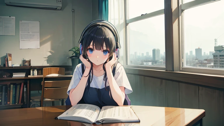 ((highest quality)), ((masterpiece)), (detailed), Perfect Face ,Anime girl sitting at a table with laptop and headphones,  zero, Erogeo Art Style, Portrait of Roffey, Arte Roffie, Low-fi Sensation, zero, zero vibrations, Chill Hop, Lo-fi girl aesthetic, Lo-fi art, cores zero, Lo-fi illustration style, Hip Hop Lofi, Lo-fi aesthetic,(The whole room is visible:1.5),The audience is watching from the side,(Outside the window is the city at night:1.5),The light in the room is from a bulb,horizontally long image,(There are many books on the desk:1.3),(I&#39;m reading a book:1.4)