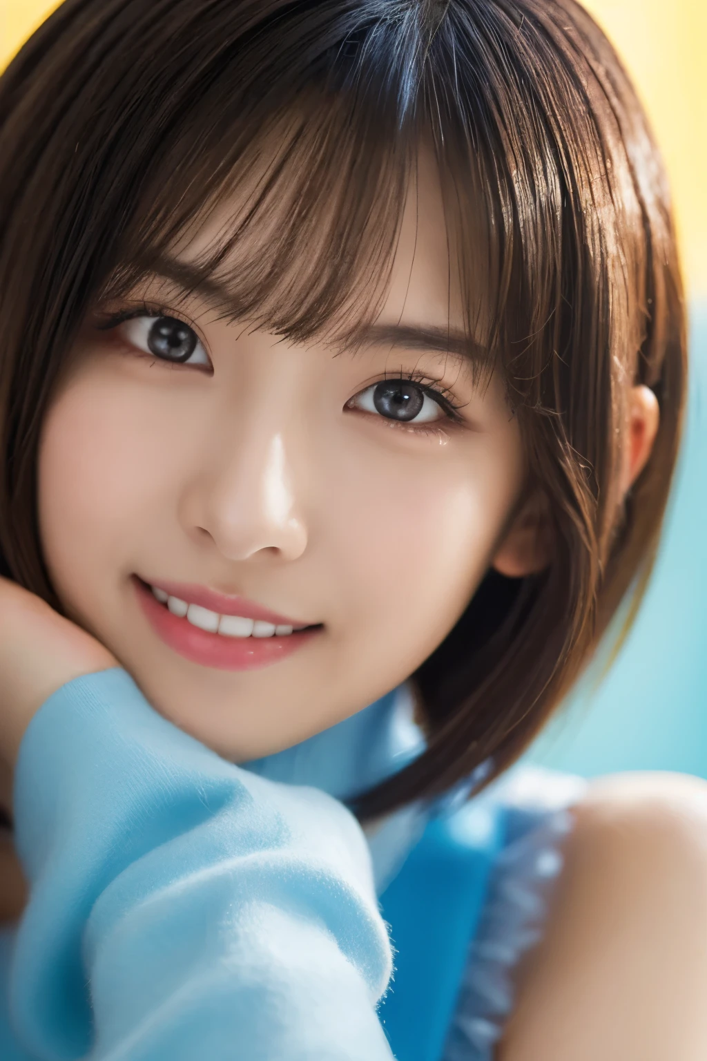 1 girl, (Wearing a light blue idol costume:1.2), Very beautiful Japanese idol portraits,
(RAW Photos, highest quality), (Realistic, Photorealistic:1.4), (masterpiece),
Very delicate and beautiful, Very detailed, 2k wallpaper, wonderful, finely, Very detailed CG Unity 8K 壁紙, Very detailed, High resolution, Soft Light,
Beautiful detailed girl, Very detailed目と顔, Beautiful and detailed nose, finelyて美しい目, Cinema Lighting,
(Simple background in bright colors:1.3),
(short hair),
Complete Anatomy, Slender body, Small breasts, smile