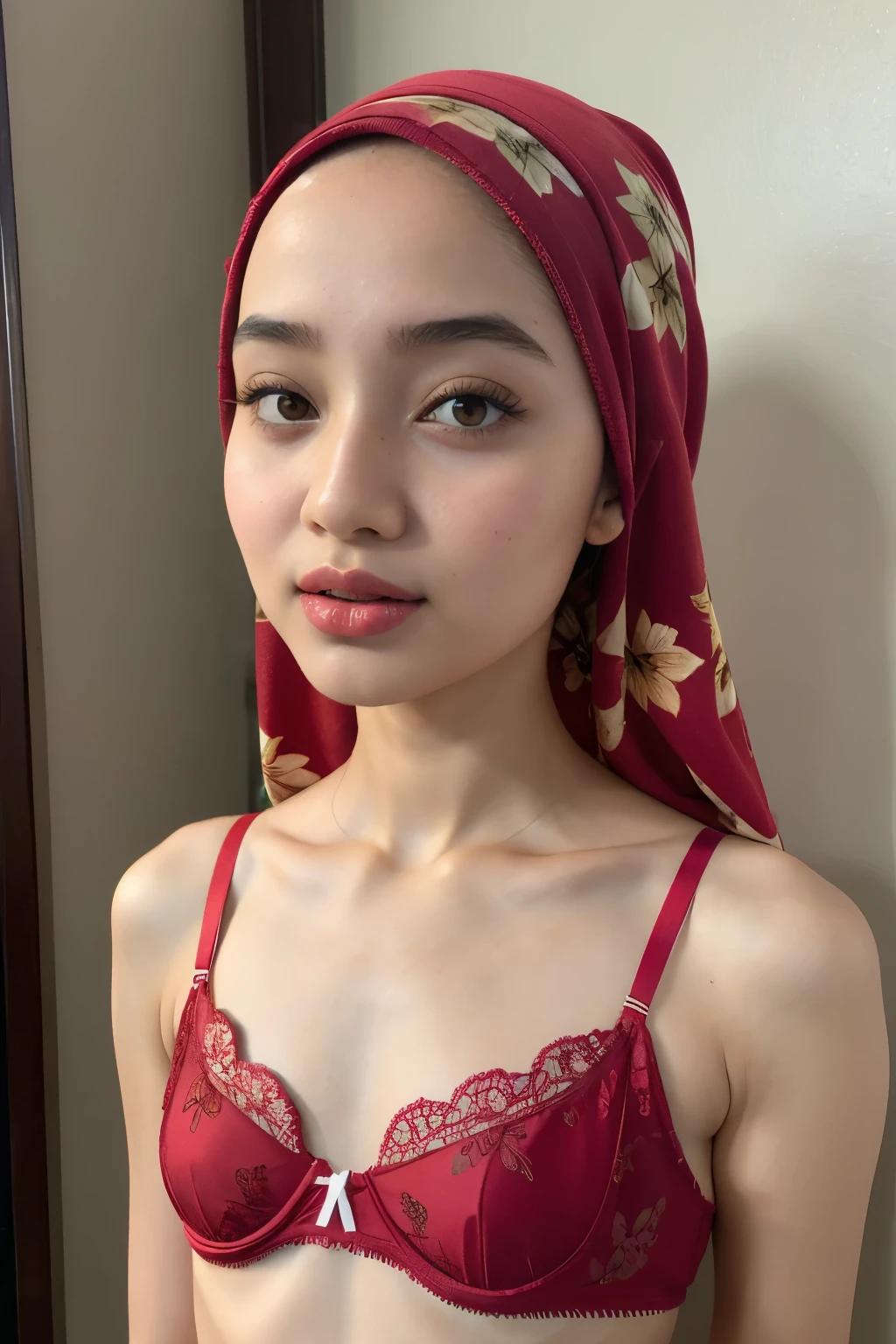 Naked, (((HIJAB MALAY GIRL))), masutepiece, High quality, UHD 32K, Realistic face, Realistic skin feeling , A Japanese Lady, , , Very cute and baby-like face, (((FLAT CHEST))), (MATRIX WORLD), ((look In front at the camera and SADNESS)), ((())), (((CUTE GIRL))), ((RED LIPS)), ((wering lingerie Floral Pattern))